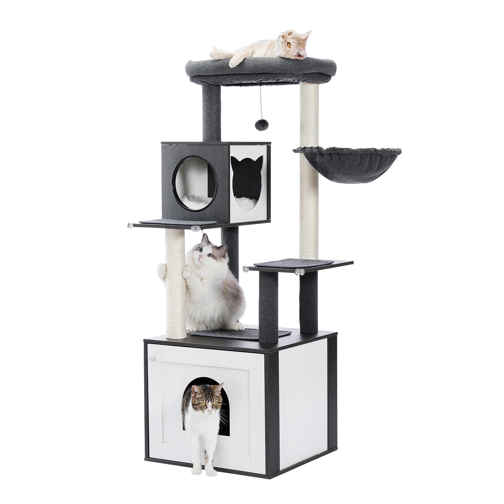 Multi-Level Wooden Cat Tree with Condo & Hammock