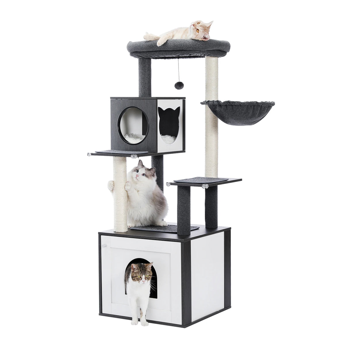 Multi-Level Wooden Cat Tree with Condo & Hammock