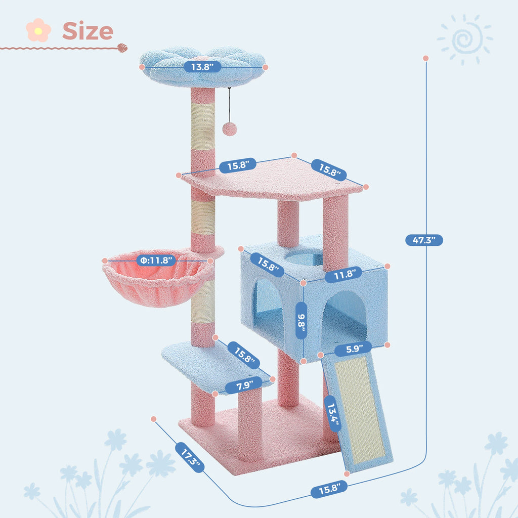 120cm Flower Cat Tree with Condo & Scratching Posts