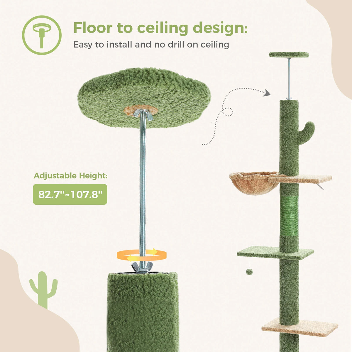 Cactus Cat Tree Floor to Ceiling Cat Tower with Sisal Scratching Post,Comfortable Hammock for Multi-Cat Homes,Cat Accessories Whispering Desires Shoppe