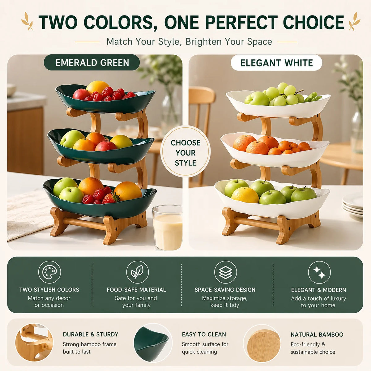 Bamboo-Frame Tiered Fruit Stand with PP Bowls