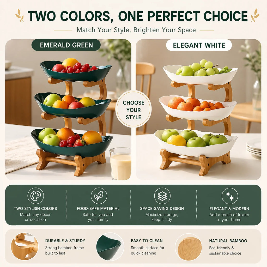 Bamboo-Frame Tiered Fruit Stand with PP Bowls