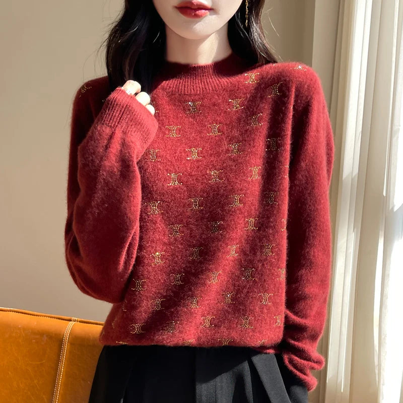 Women Fine Wool Thickening Sweater Half-high Collar Leaf studded With Diamonds Pullover Female Knitted Basis Tops Autumn Winter Dsers