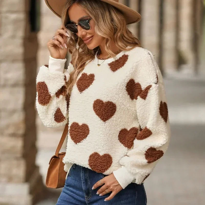Heart-Print Round-Neck Knit Sweater