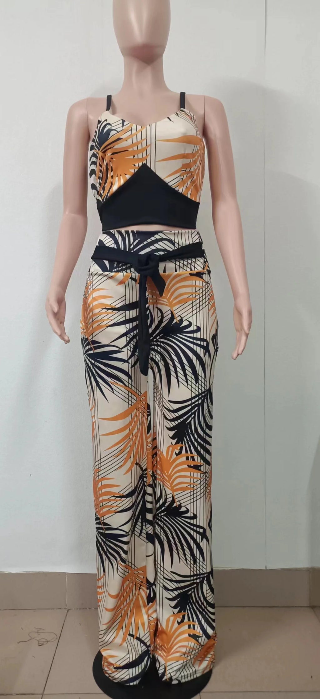 Women's Printed V-Neck Halter Top and Wide-Leg Pants Set