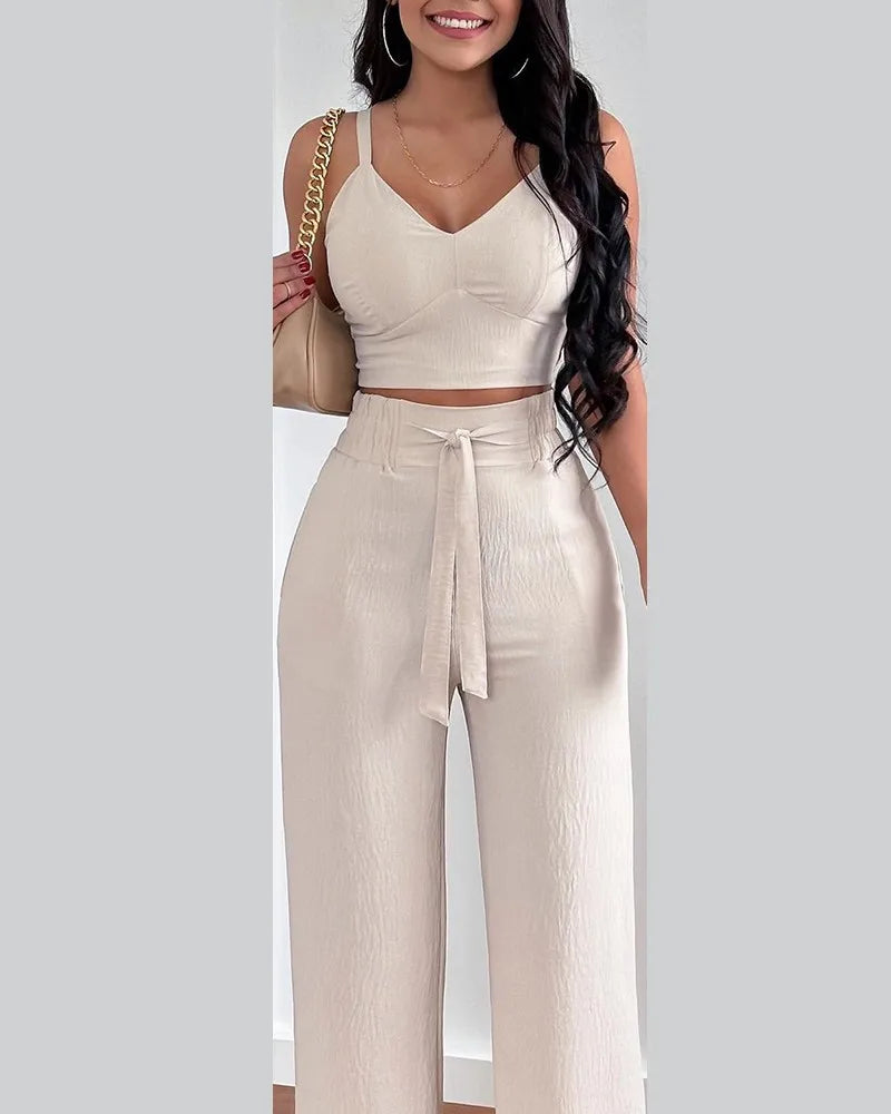 Women's Printed V-Neck Halter Top and Wide-Leg Pants Set