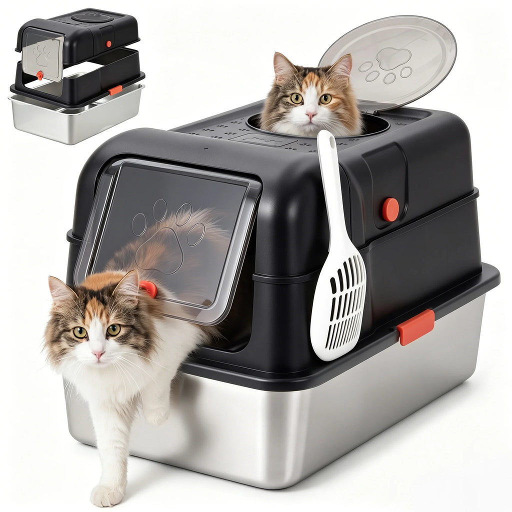 Enclosed Stainless Steel Cat Litter Box with Scoop