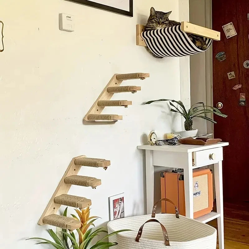 Wall-Mounted Wooden Cat Climbing Stairs