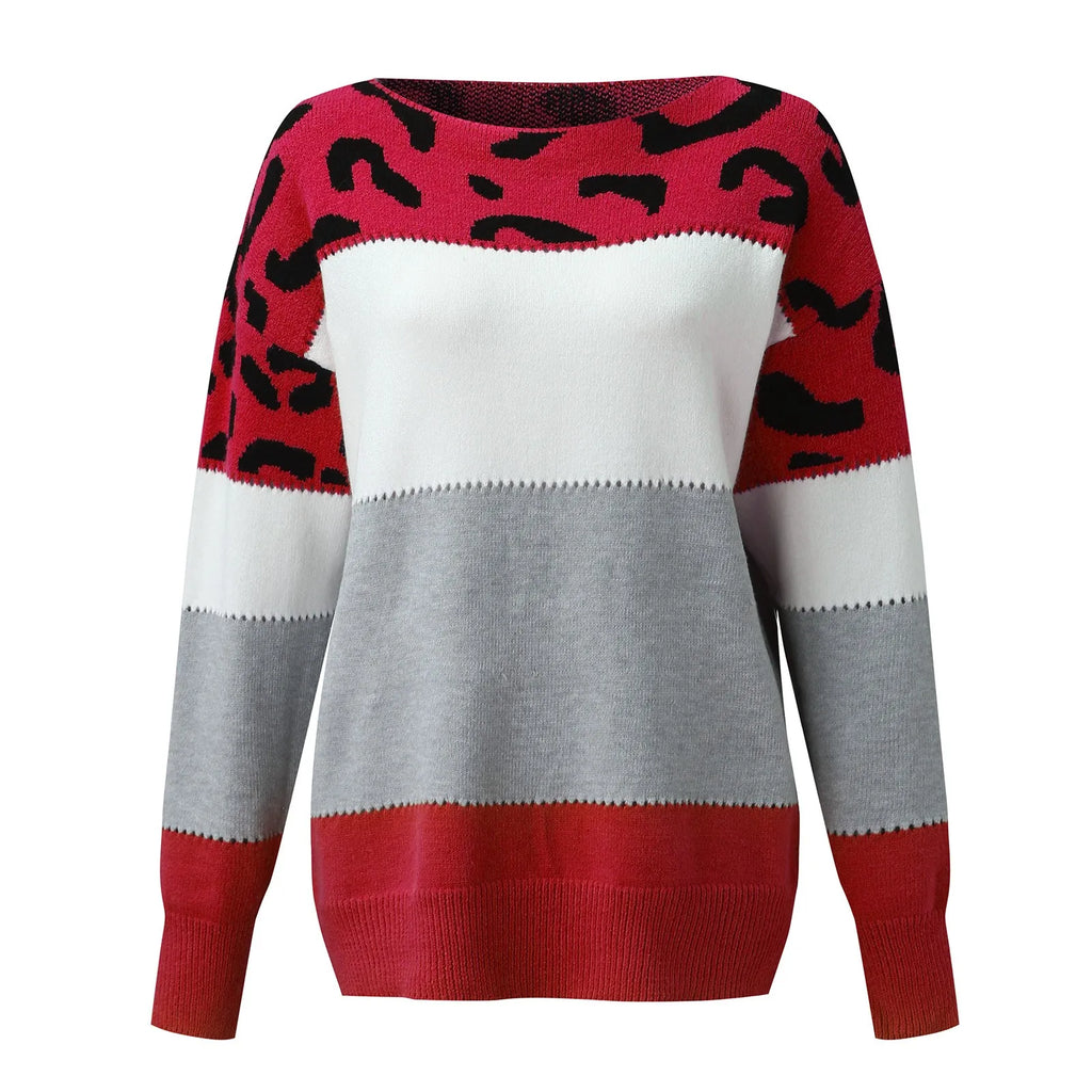 Women Sweaters Contrast Leopard Color Pullovers Loose Autumn Winter Long Sleeve Sweater Jumper Pull Femme Knitwear Oversized Dsers