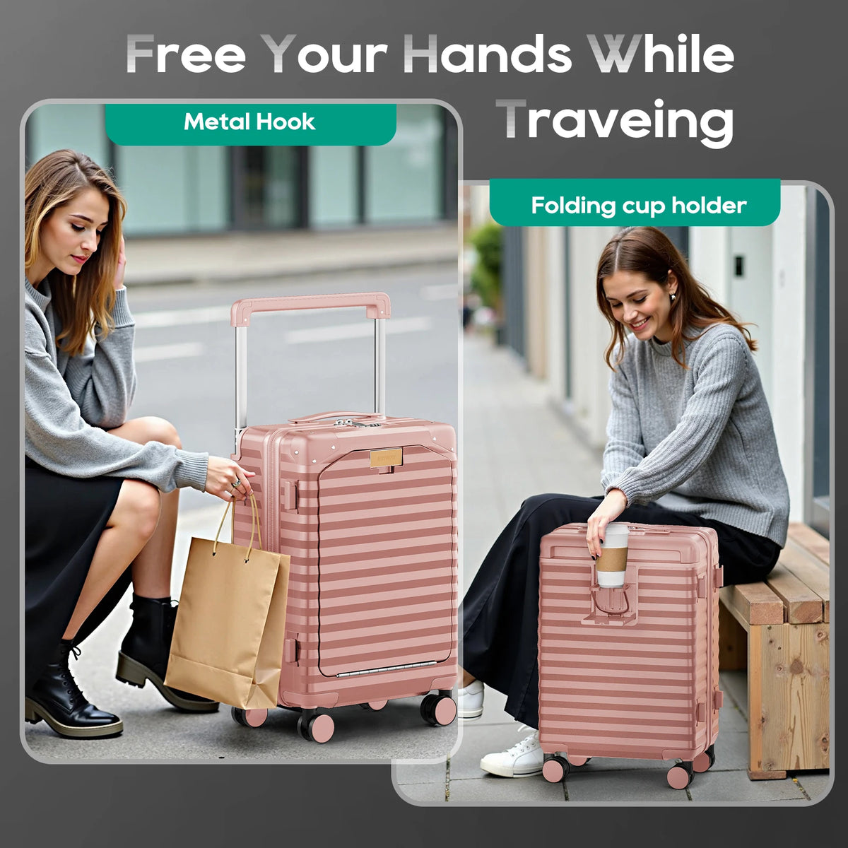 20 inch Front-opening Carry-on Luggage Suitcase with Cup Holder, TSA Lock, Spinner Wheels Whispering Desires Shoppe