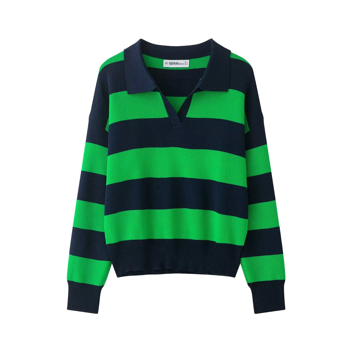 Striped Polo-Collar Long-Sleeve Sweater