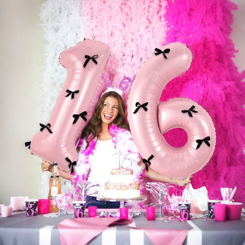 Pink Number Balloon Set with Black Bow, Seven Pieces