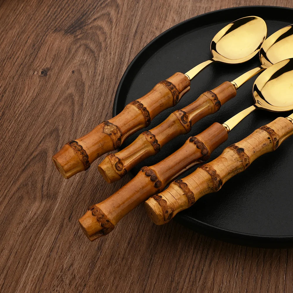 PINKTEN Bamboo-Handle Stainless Steel Flatware