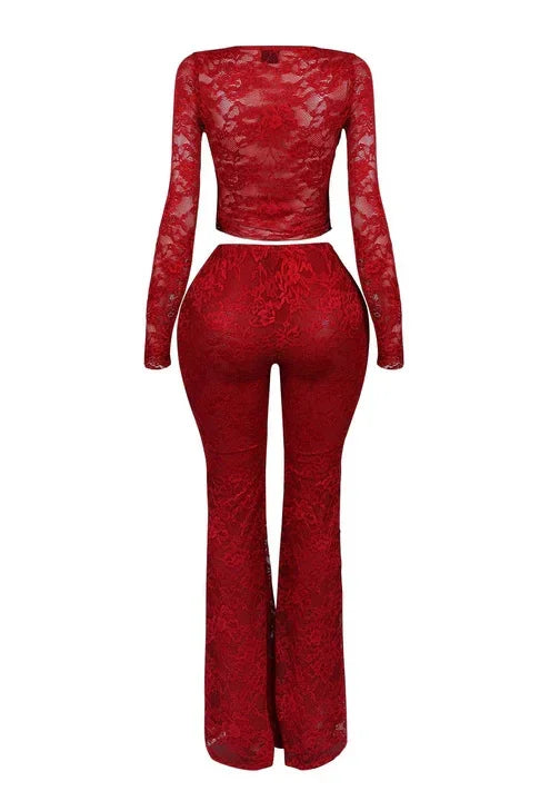 Sheer Lace Long-Sleeve Top & Flared Pants Set