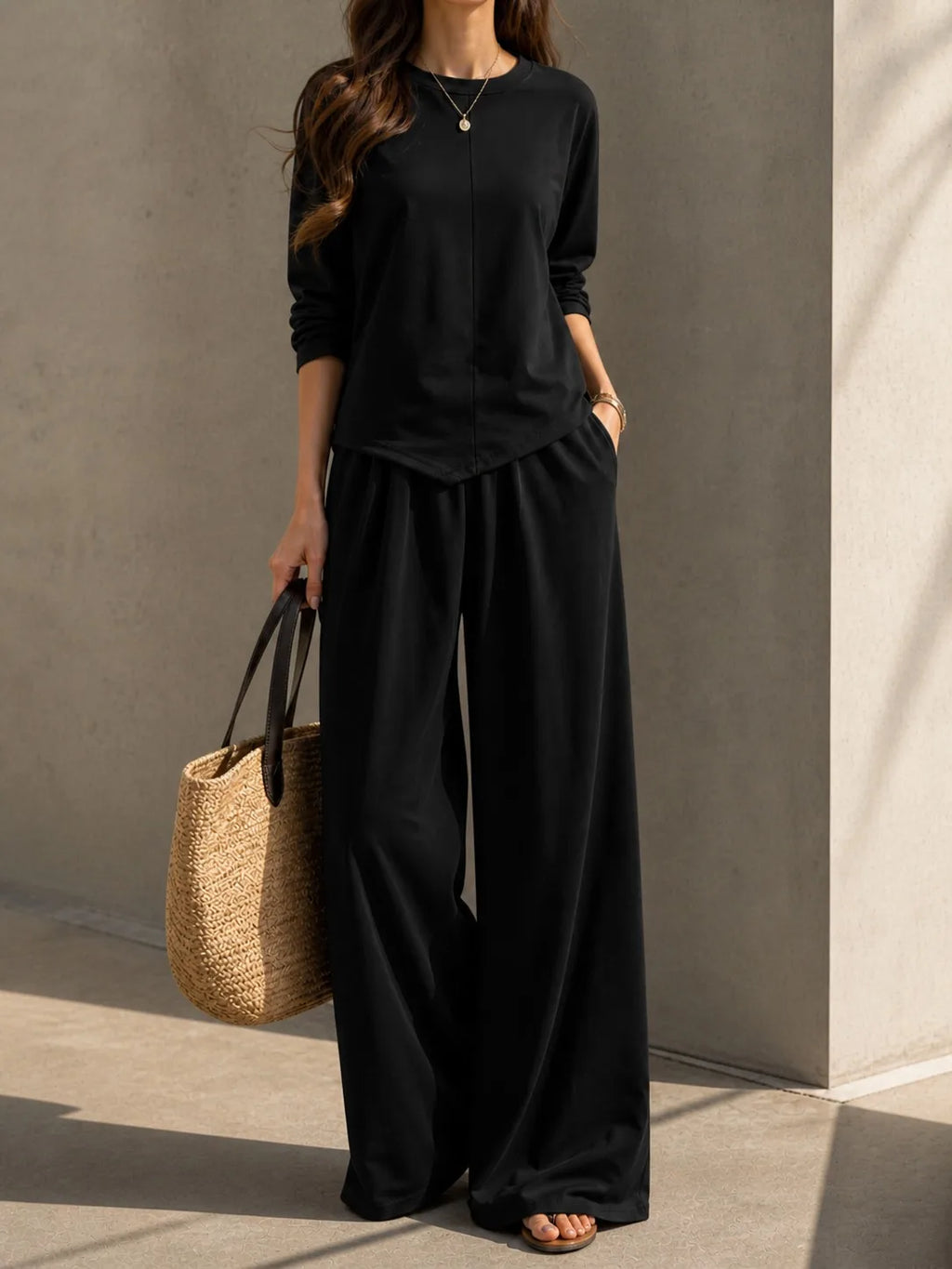 Women's Asymmetric-Hem Top and Wide-Leg Pants Set