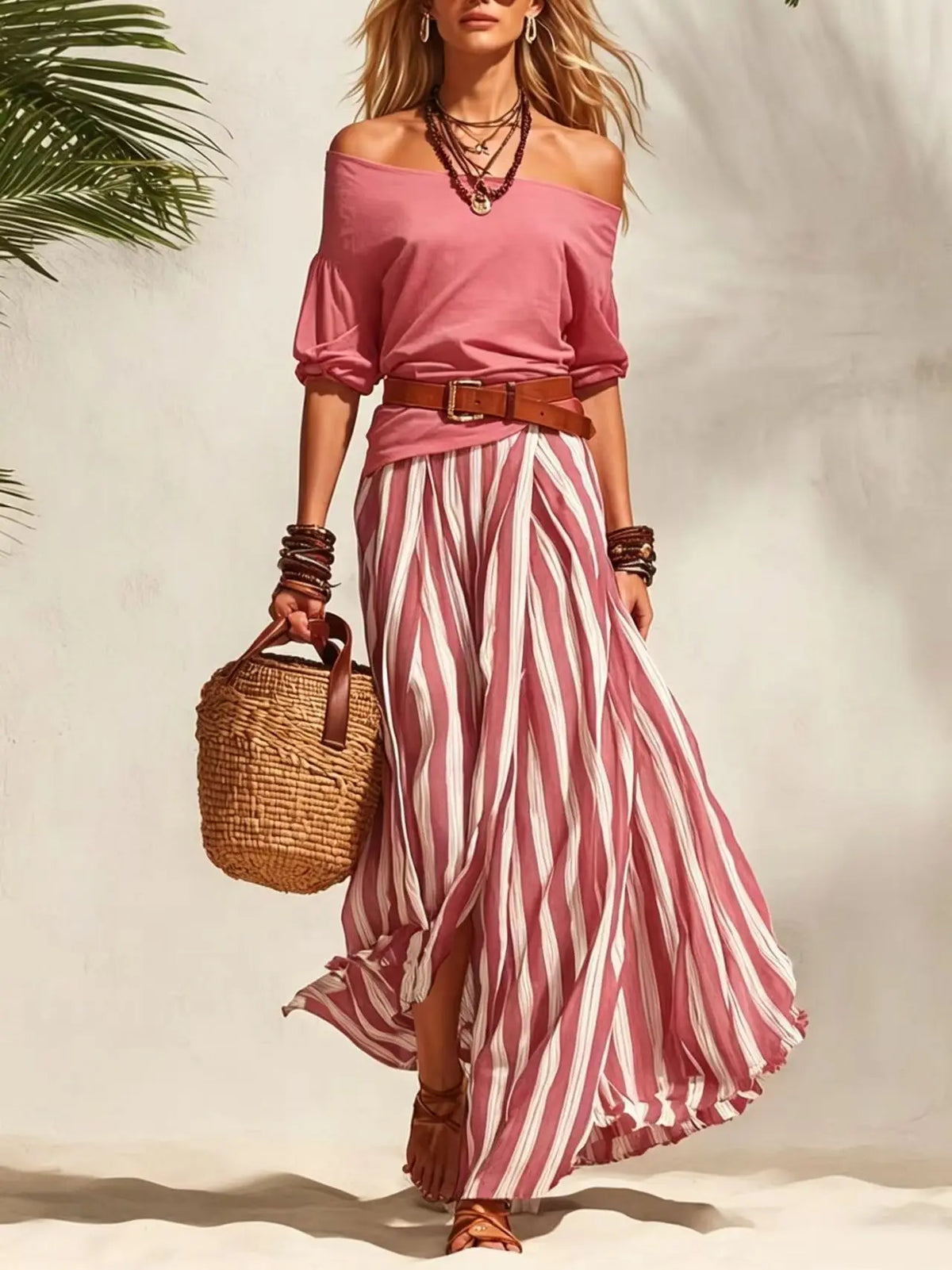 Off-Shoulder Puff-Sleeve Top & Maxi Skirt Set