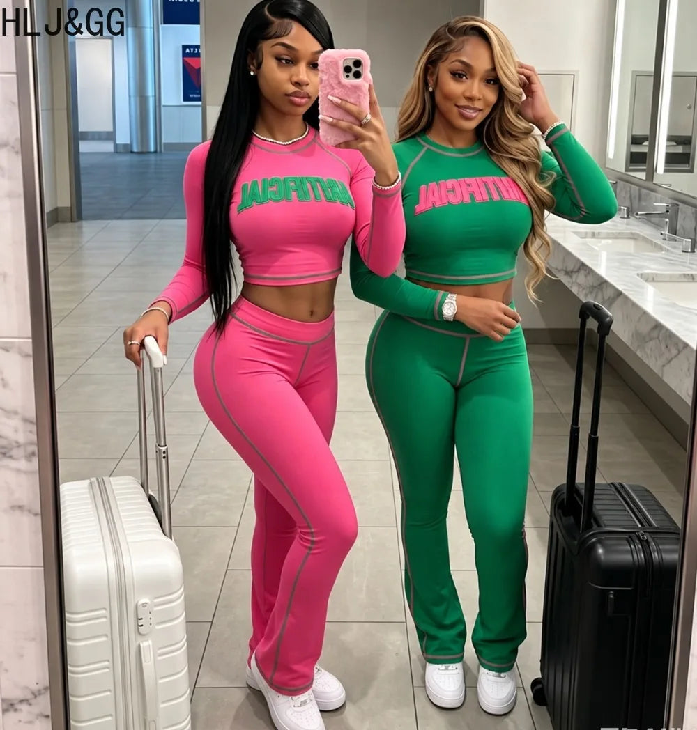 Women's Contrast Letter-Print Top and Flared Pants Set
