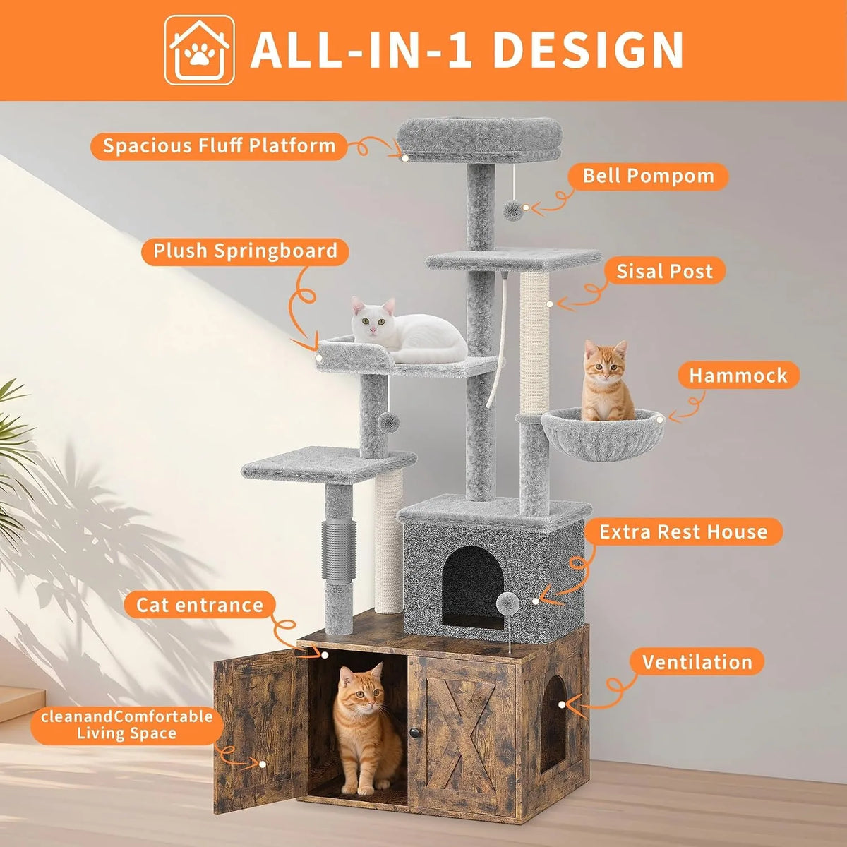 Three-in-One Cat Tree with Litter Box Cabinet