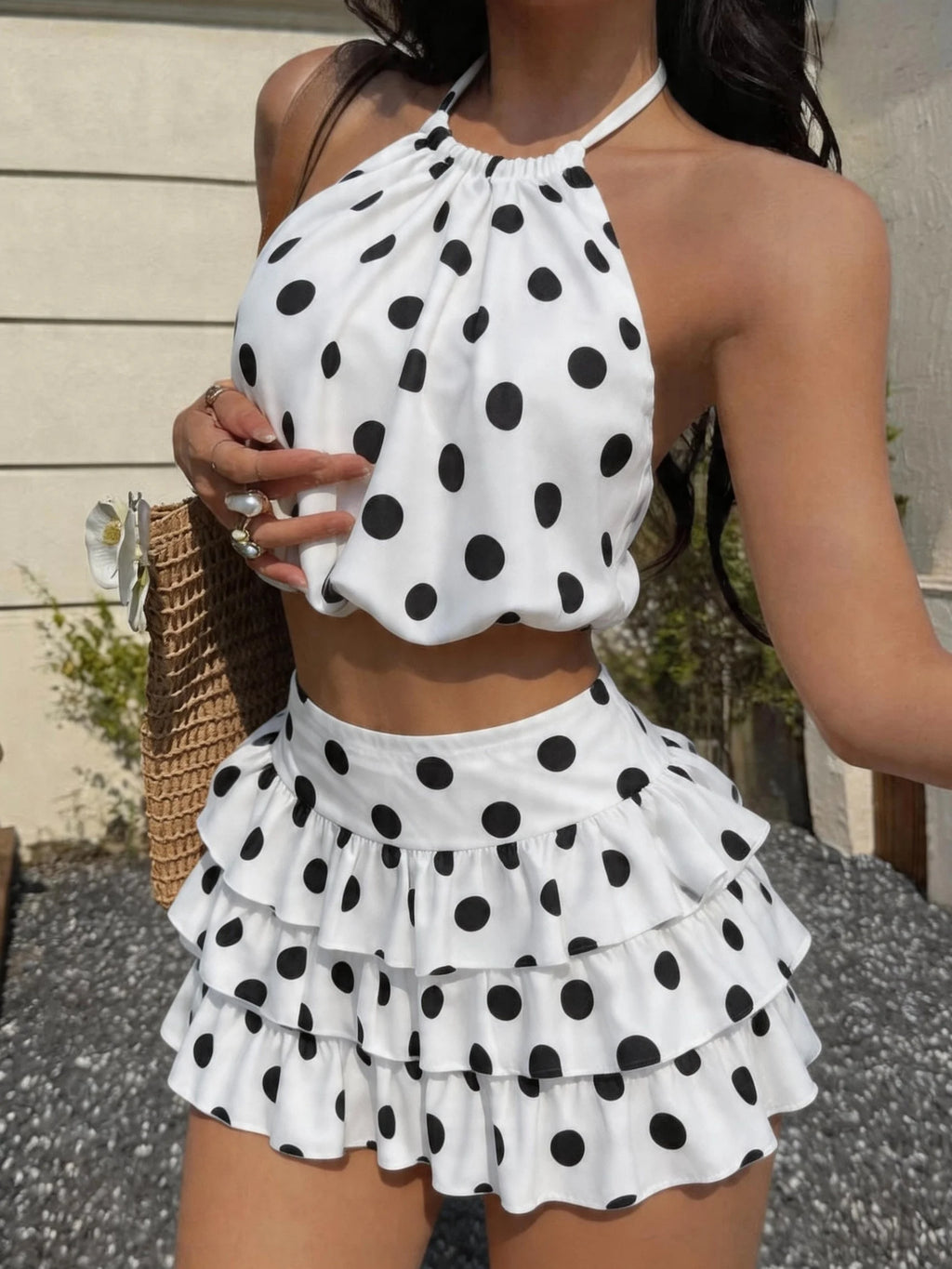Women's Polka-Dot Off-Shoulder Top and Ruffled Mini Skirt Set
