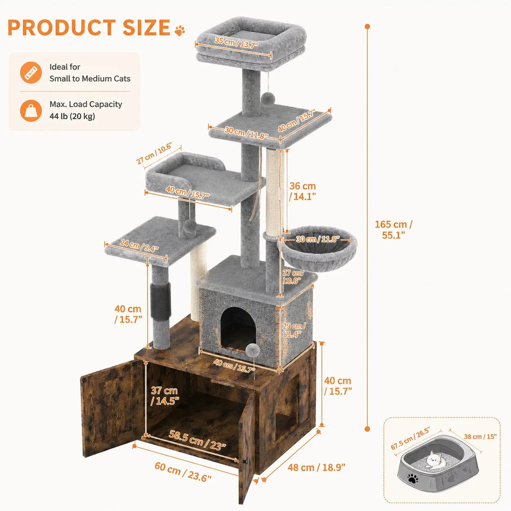 Three-in-One Cat Tree with Litter Box Cabinet