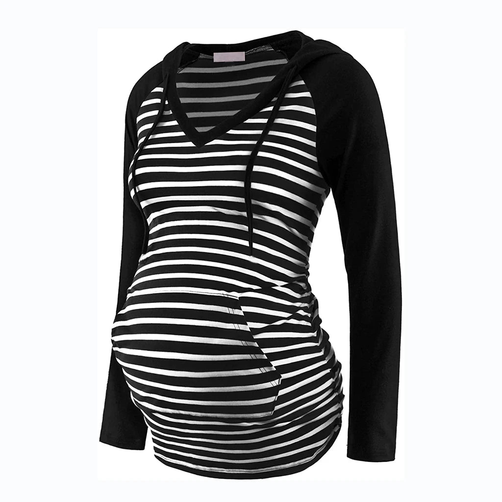 Striped V-Neck Maternity Hoodie