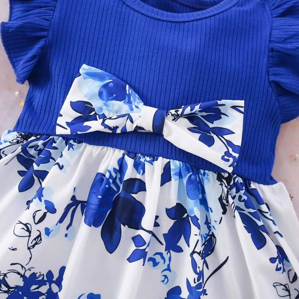 Baby Girl Blue Bow Floral Summer Dress with Hairband