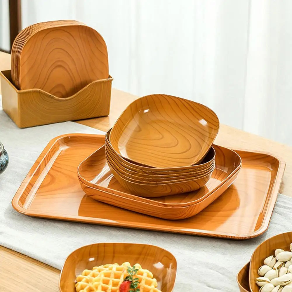 Wood-Grain PP Square Plates — Assorted Packs