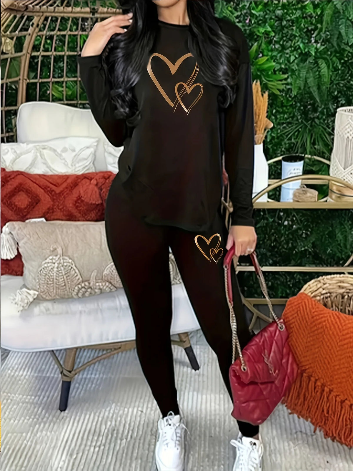 Women's Heart-Print Top and Pants Set