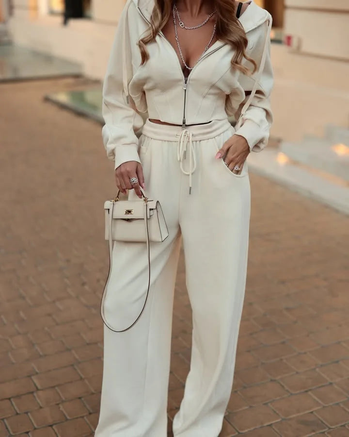 Women's Zip-Up Hooded Jacket and Wide-Leg Pants Set