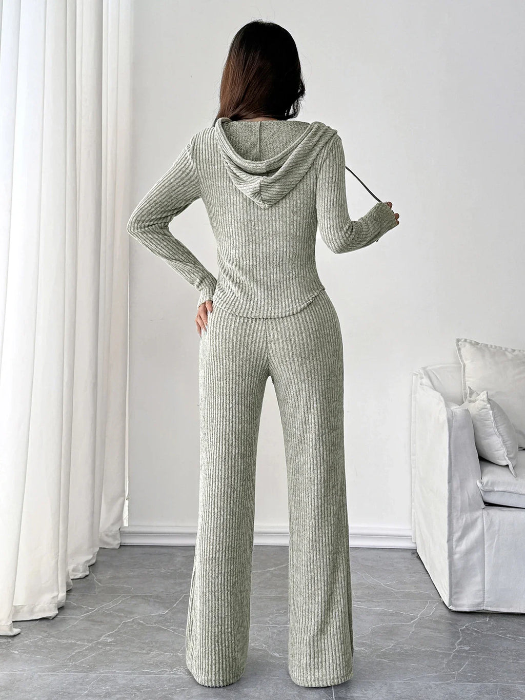 Zip-Up Hooded Top & Flared Pants Set