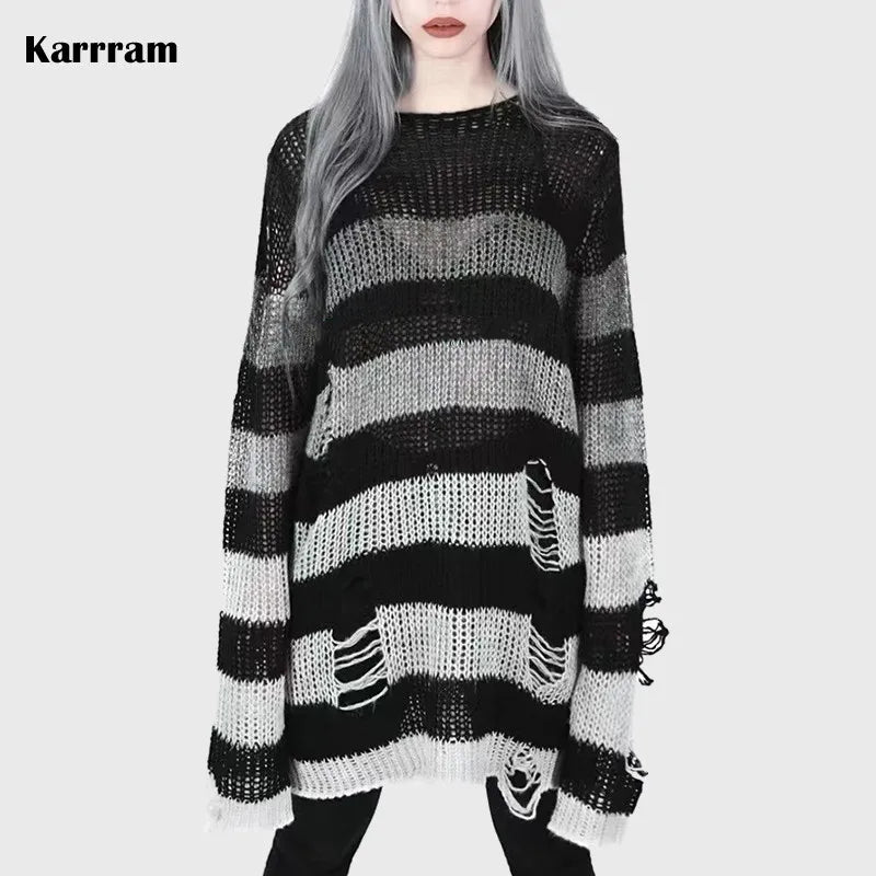 Karrram Punk Gothic Sweater Emo Tops E-girls Mall Goth Pullovers Y2k Harajuku Grunge Clothes Alt Dark Aesthetic Striped Jumpers Dsers