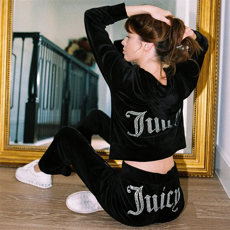 Women's Velvet-Look Embellished Hoodie and Pants Set
