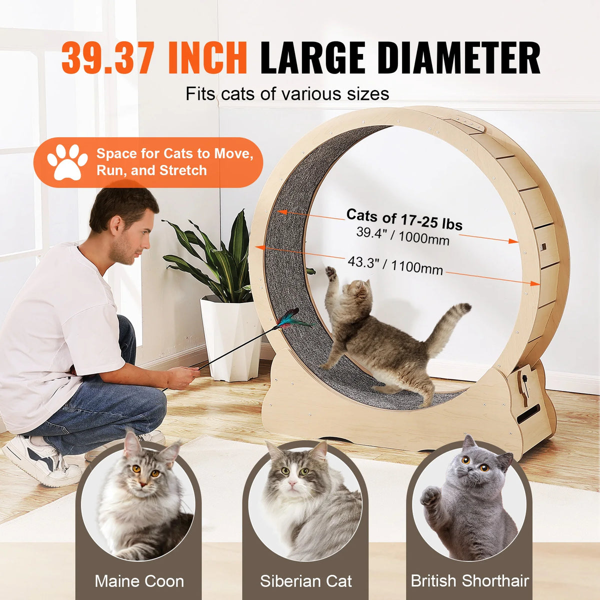 SucceBuy Wooden Cat Exercise Wheel with Removable Carpet
