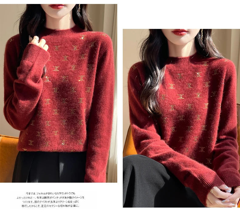 Women Fine Wool Thickening Sweater Half-high Collar Leaf studded With Diamonds Pullover Female Knitted Basis Tops Autumn Winter Dsers