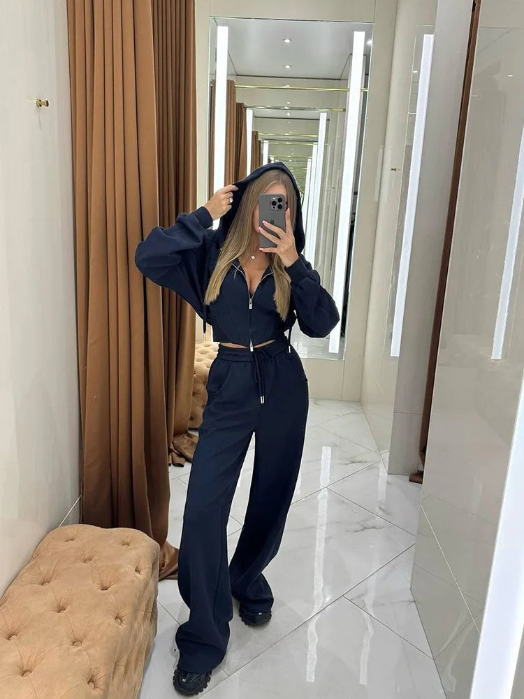 Women's Zip-Up Hooded Jacket and Wide-Leg Pants Set