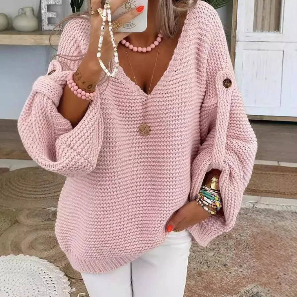 Button-Detail V-Neck Lantern-Sleeve Sweater