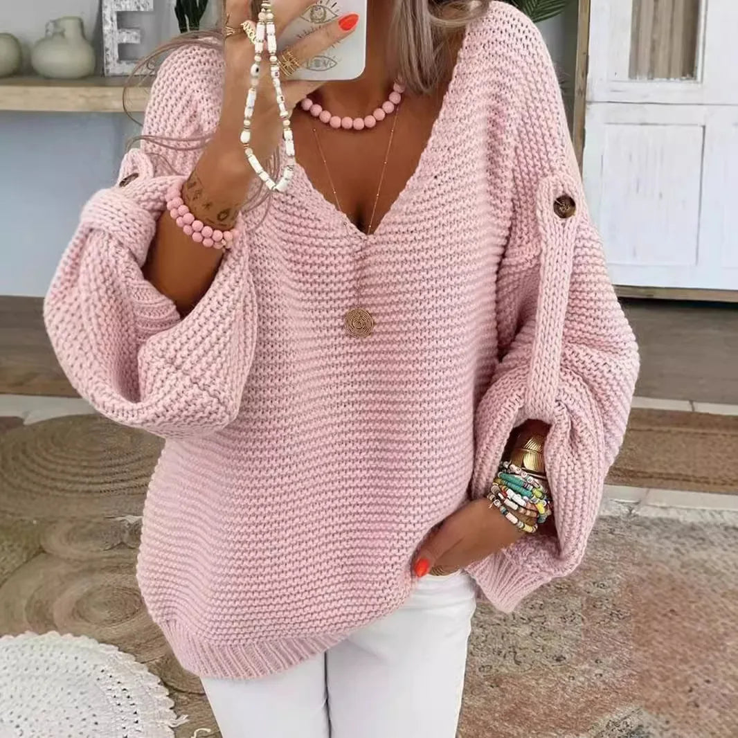 Button-Detail V-Neck Lantern-Sleeve Sweater