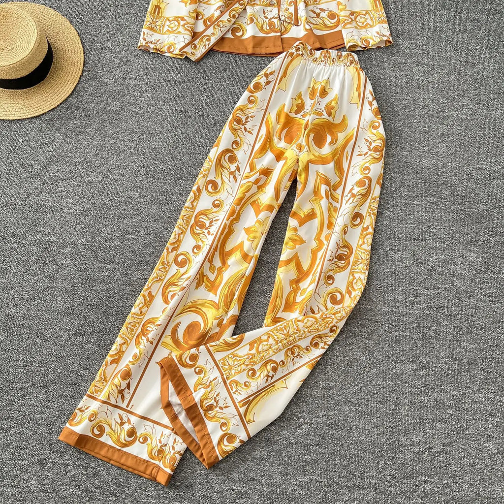 Printed Collar Top & Wide-Leg Pants Set