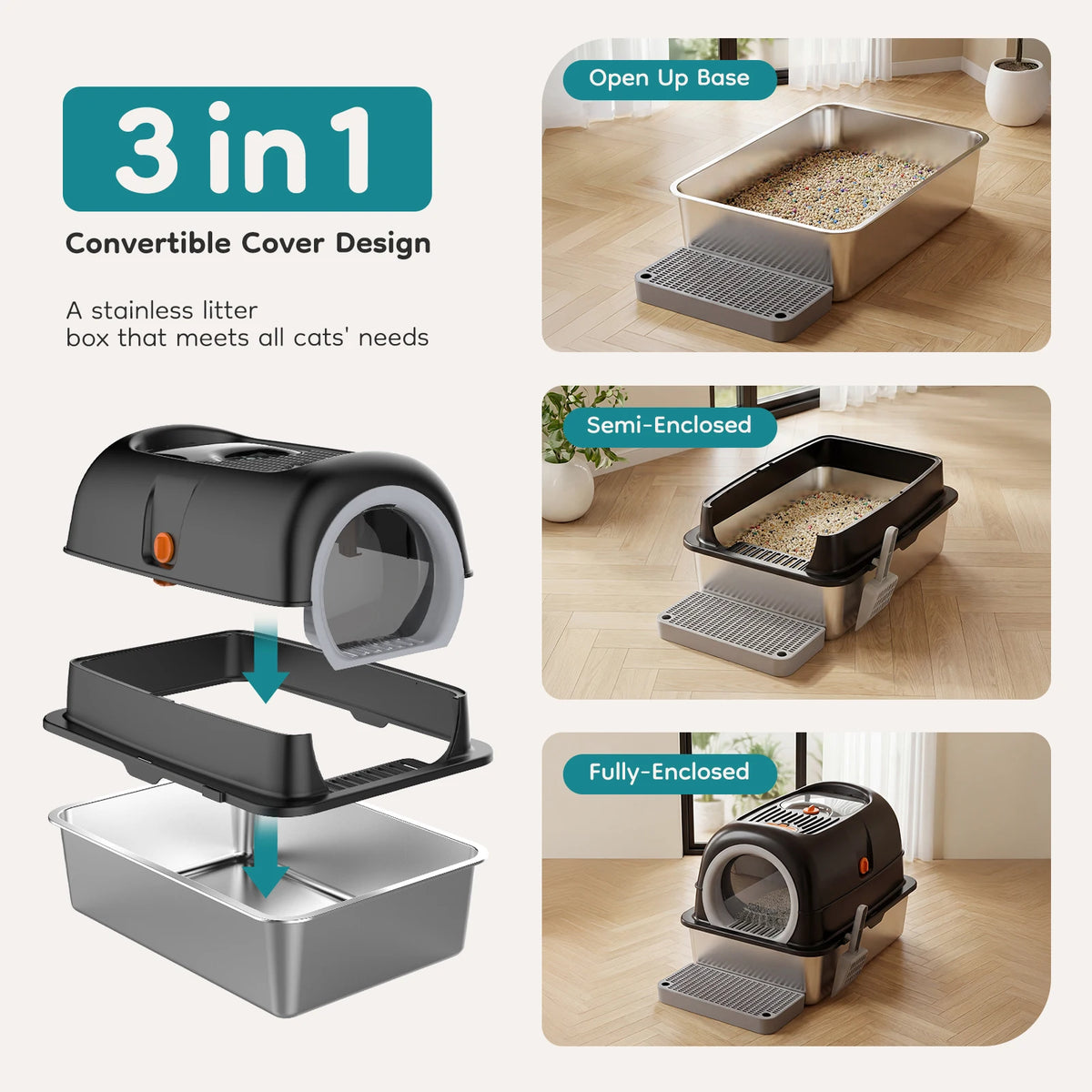 JHK 24IN Stainless Steel Cat Litter Box with Fully Enclosed 30L Large Cat Litter Box for Big Cats Cat Box Scoop and Mat Included Whispering Desires Shoppe