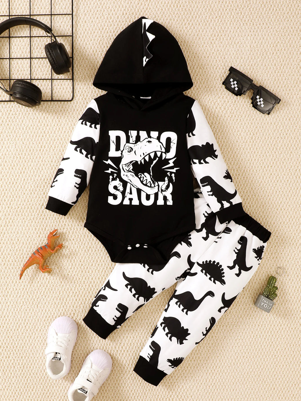 Baby Dinosaur-Print Hooded Top and Pants Set