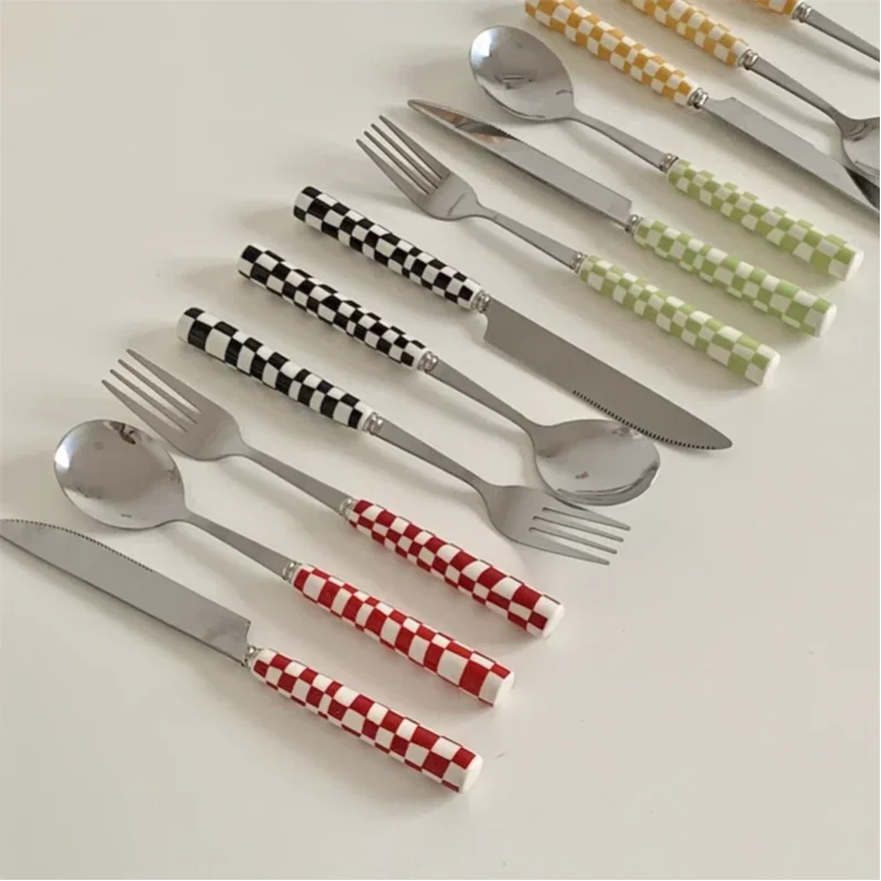 Checkerboard Ceramic-Handle Flatware — 3 Pieces