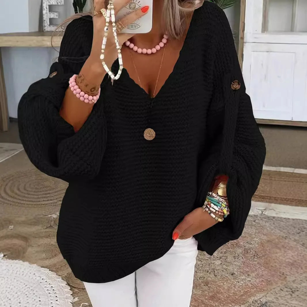 Button-Detail V-Neck Lantern-Sleeve Sweater