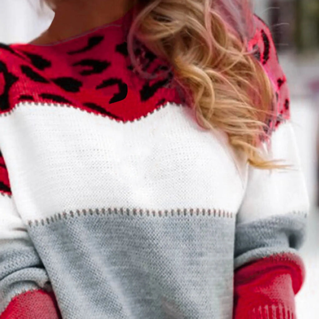Women Sweaters Contrast Leopard Color Pullovers Loose Autumn Winter Long Sleeve Sweater Jumper Pull Femme Knitwear Oversized Dsers