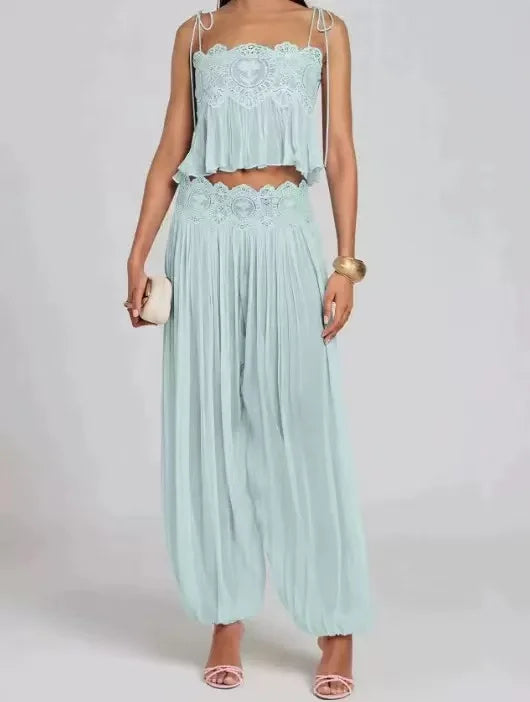 Women's Floral Lace-Look Crop Top and Lantern Pants Set