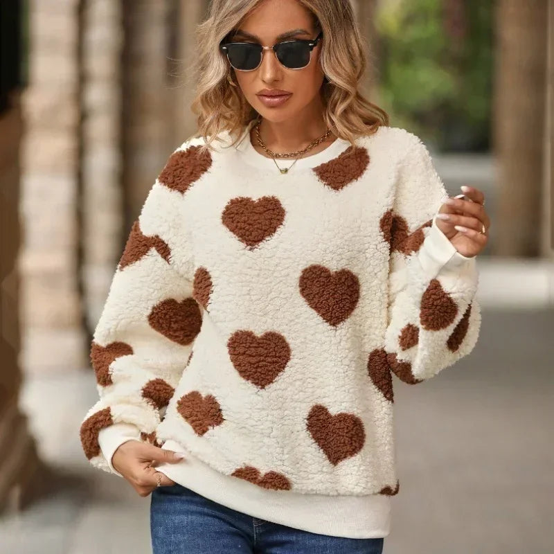 Heart-Print Round-Neck Knit Sweater