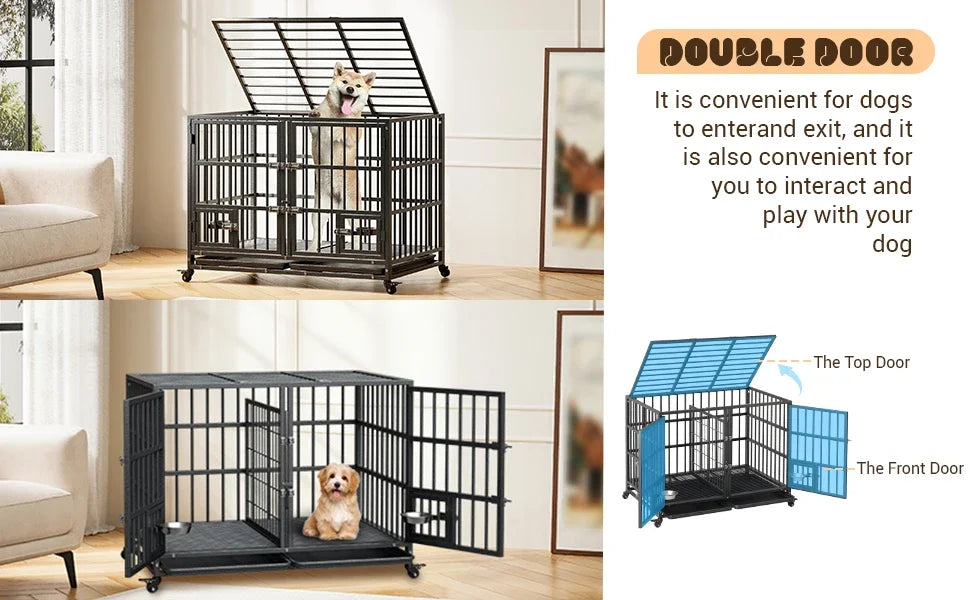 42" Metal Dog Crate with Wheels & Removable Tray