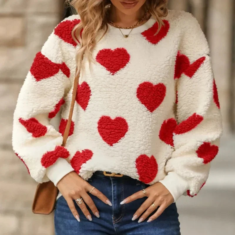 Heart-Print Round-Neck Knit Sweater