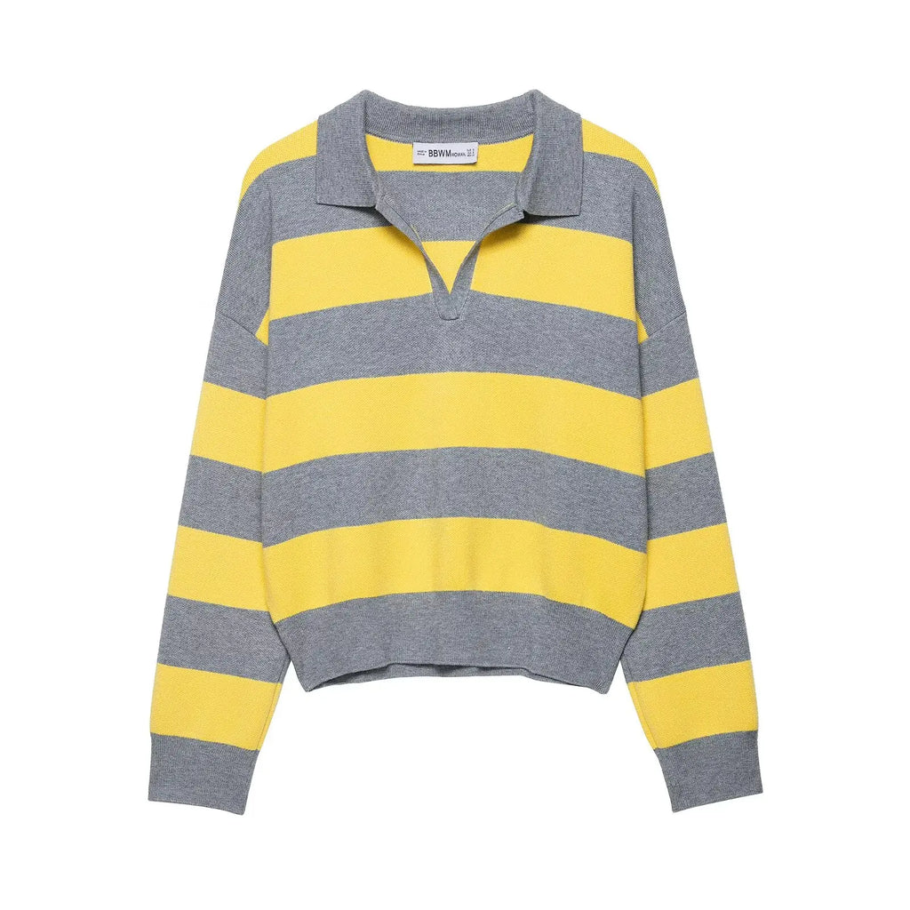 Striped Polo-Collar Long-Sleeve Sweater