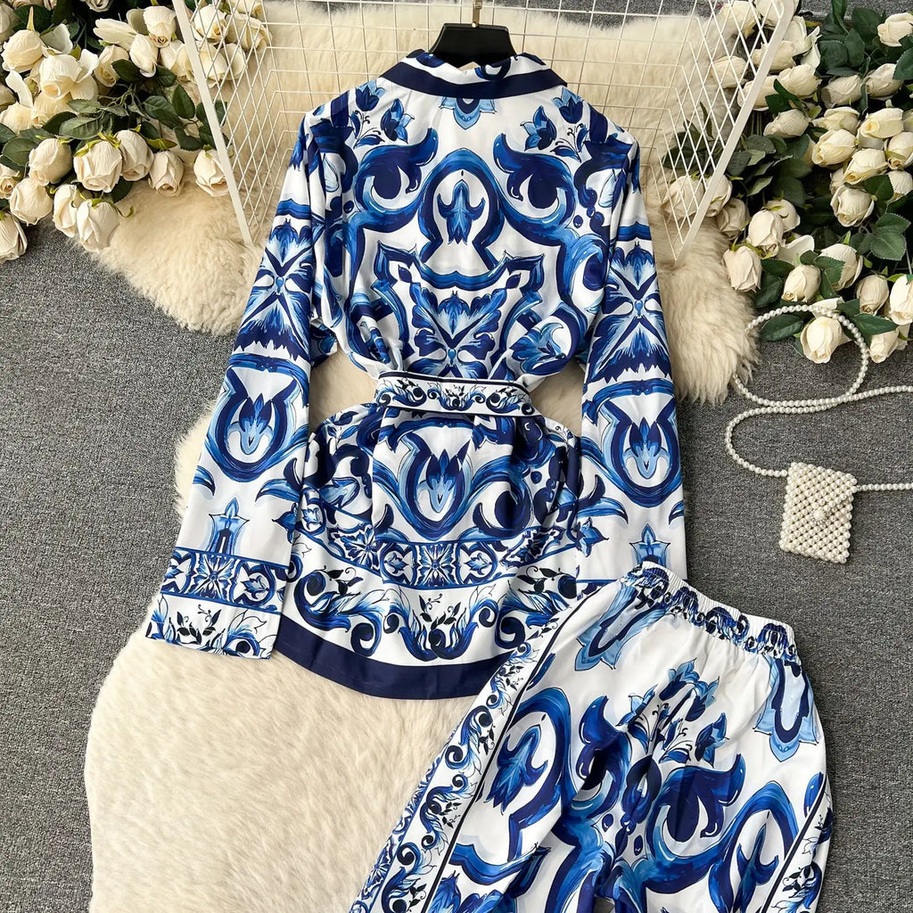 Printed Collar Top & Wide-Leg Pants Set