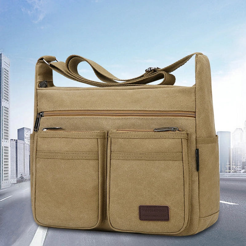 Canvas Crossbody Bag with Zipper Pockets